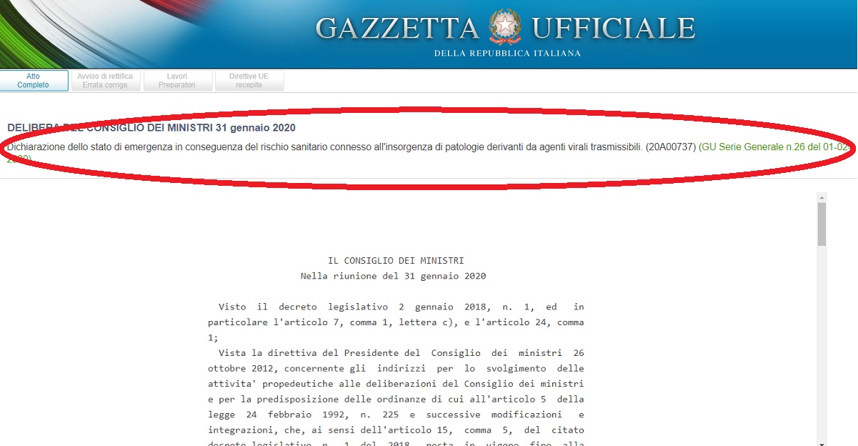 gazzetta ufficiale stato di emergenza coronavirus