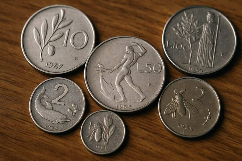 Vecchie lire italiane rare fotografate da vicino, con quotazioni aggiornate al 2025 per collezionisti e appassionati di numismatica