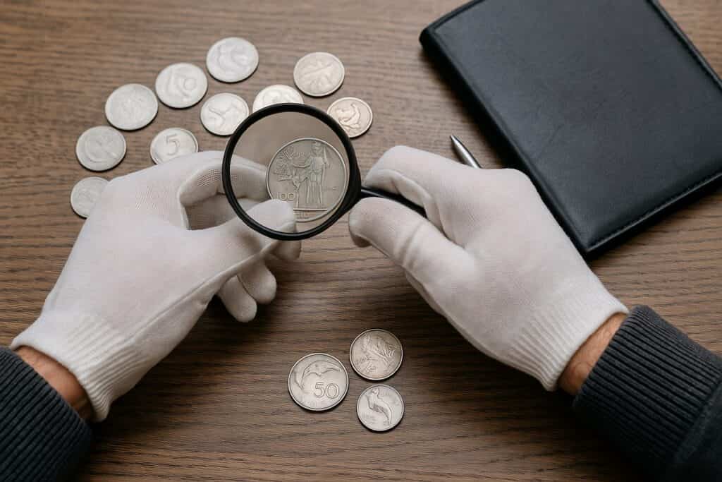 Un collezionista valuta delle vecchie monete italiane in lire con lente d’ingrandimento e guanti bianchi su un tavolo da lavoro