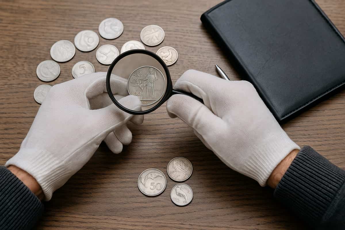 Un collezionista valuta delle vecchie monete italiane in lire con lente d’ingrandimento e guanti bianchi su un tavolo da lavoro