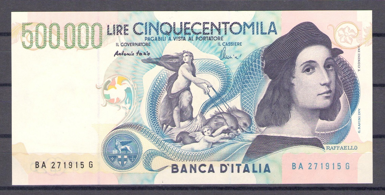 500 mila lire fronte il trionfo di Galatea Raffaello