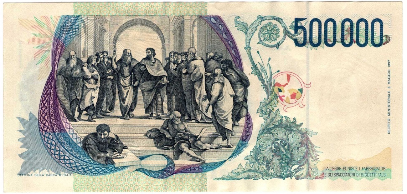 500 mila lire retro la scuola di Atene Raffaello