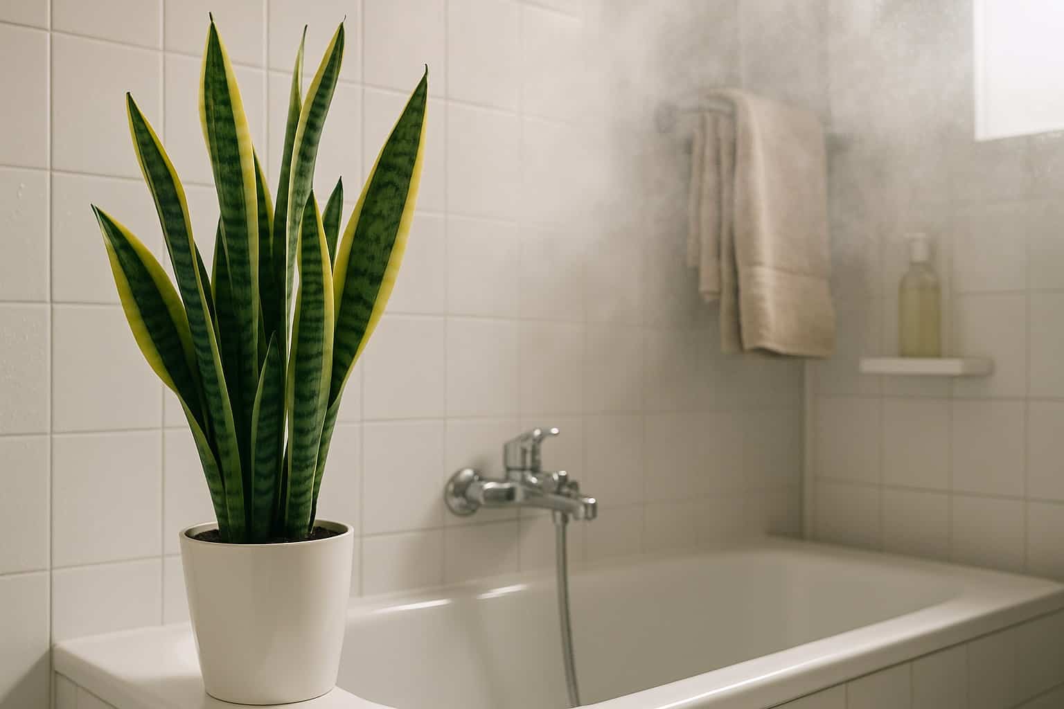 Sansevieria in un bagno con vapore, che assorbe l’umidità e purifica l’aria in casa