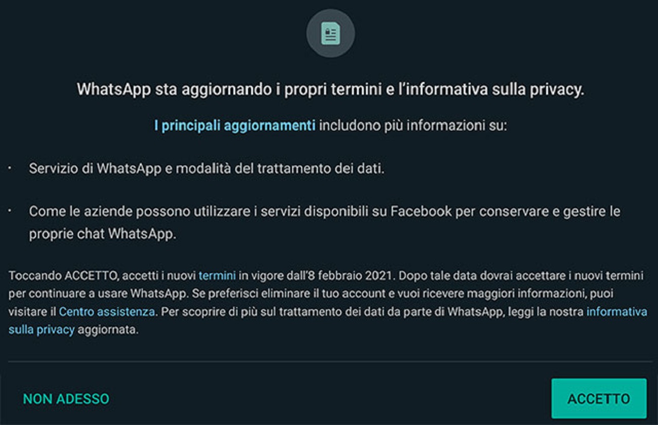 avviso WhatsApp termini e informativa privacy