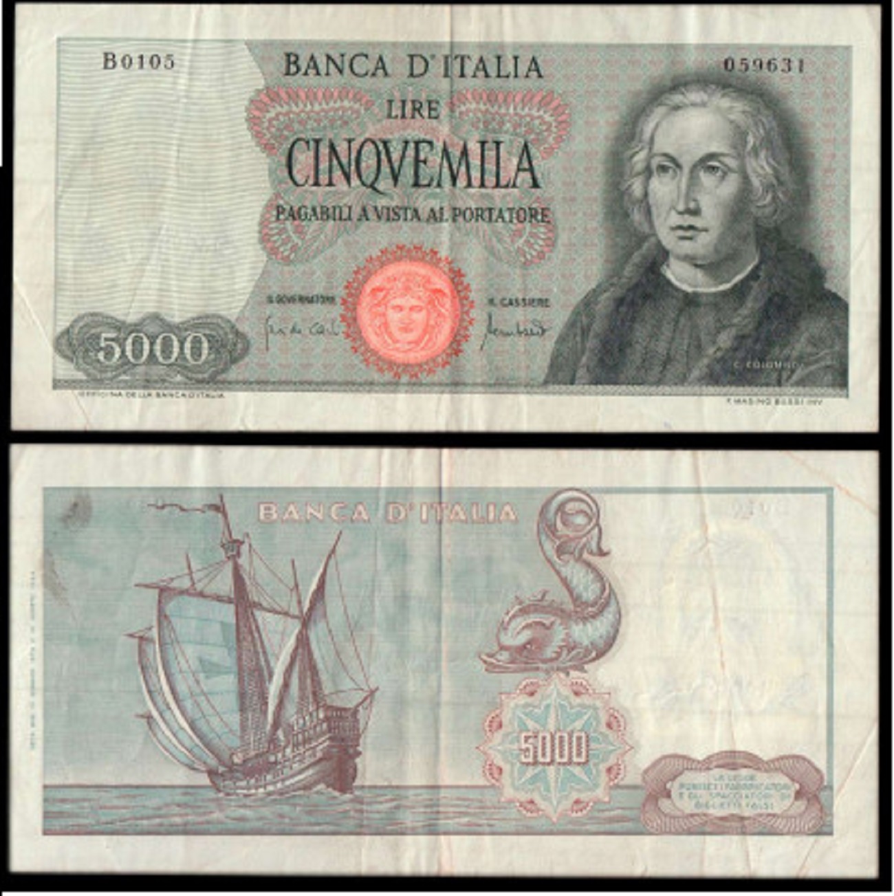 5000 lire 1970 Colombo con una caravella