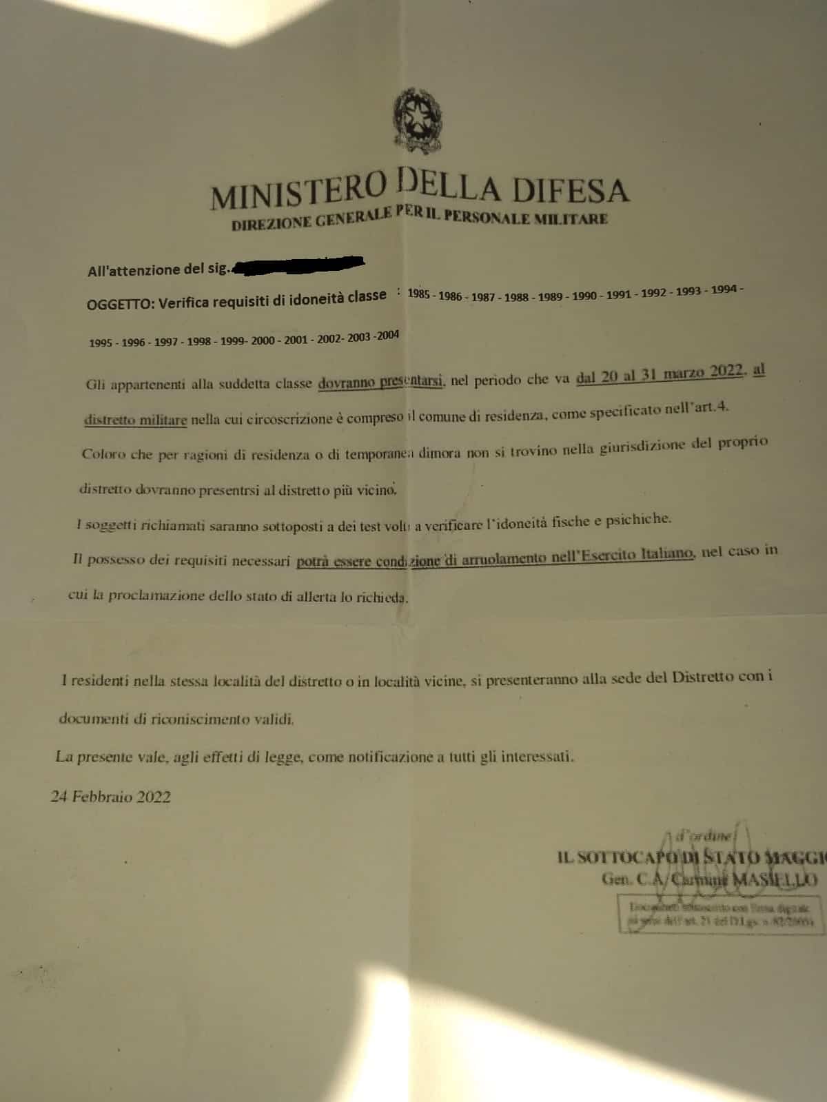 Lettera bufala di chiamata alle armi Ministero della Difesa