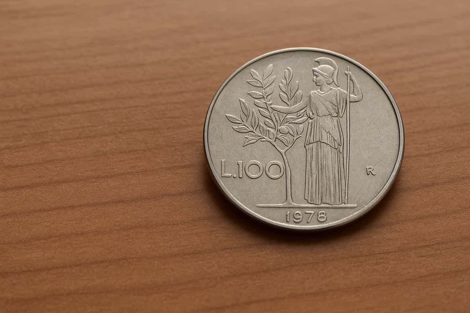 Moneta da 100 lire italiana con Minerva spostata su sfondo in legno