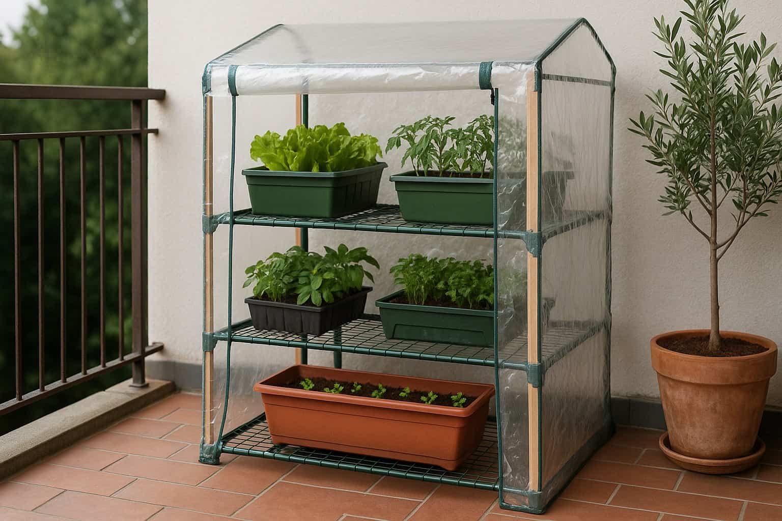 Piccola serra da balcone con scaffale in metallo e piante aromatiche coltivate in vasi di plastica, ideale per l’orto urbano fai da te