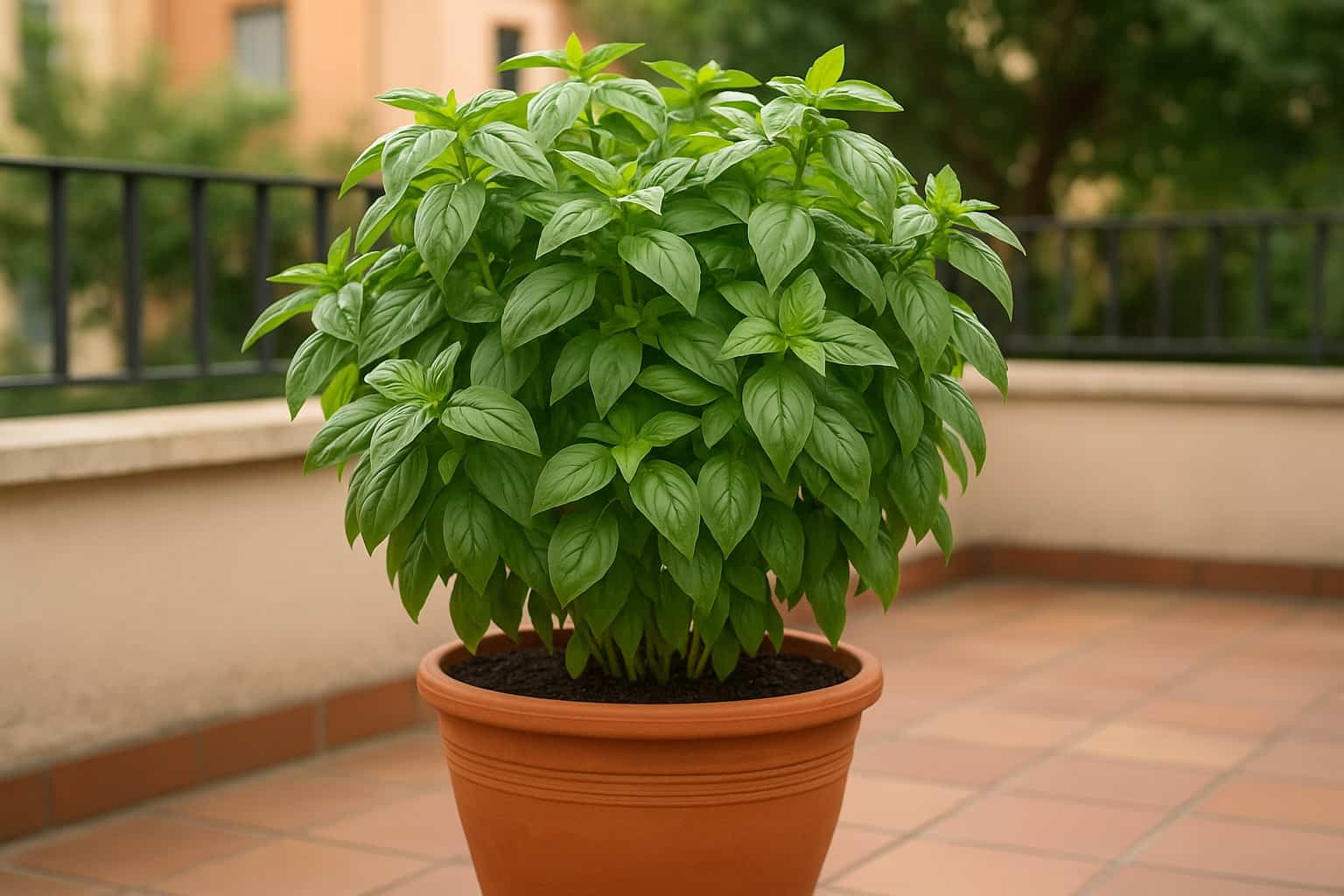 pianta di basilico rigogliosa in vaso su balcone assolato