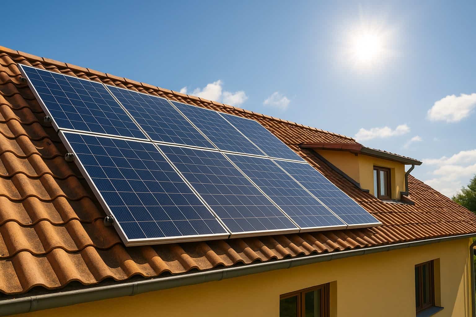 pannelli fotovoltaici su tetto di casa gialla con cielo azzurro e sole brillante