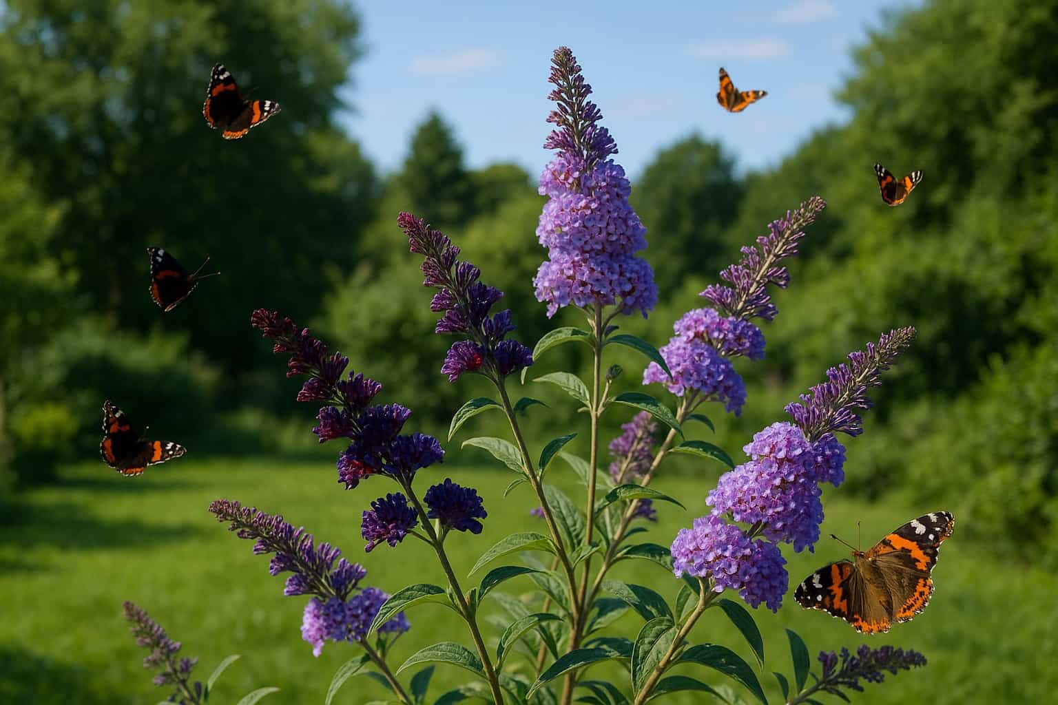 Farfalle su fiori viola di Buddleja in un giardino estivo soleggiato