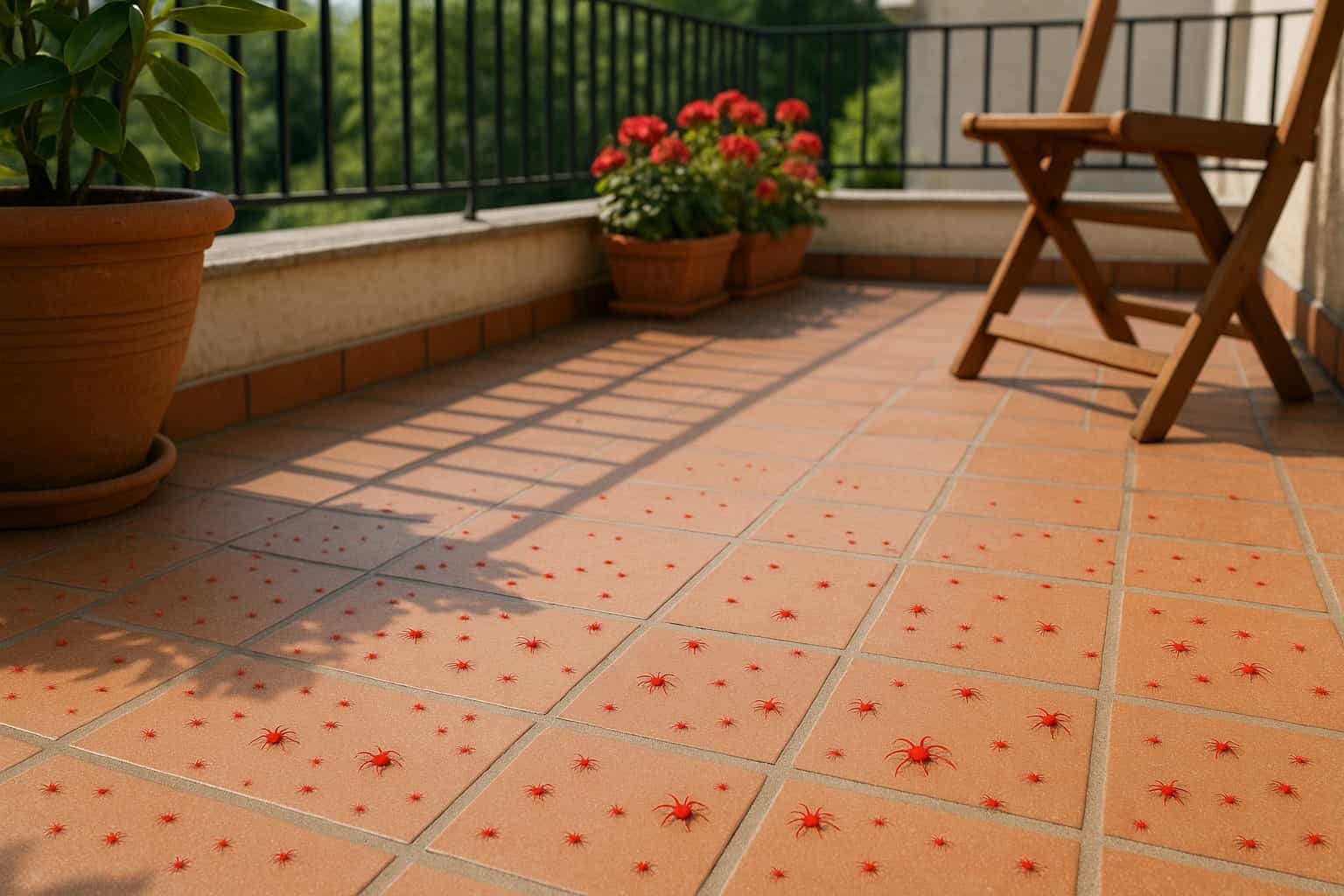 Ragnetti rossi su un terrazzo assolato con piante e mattonelle in cotto