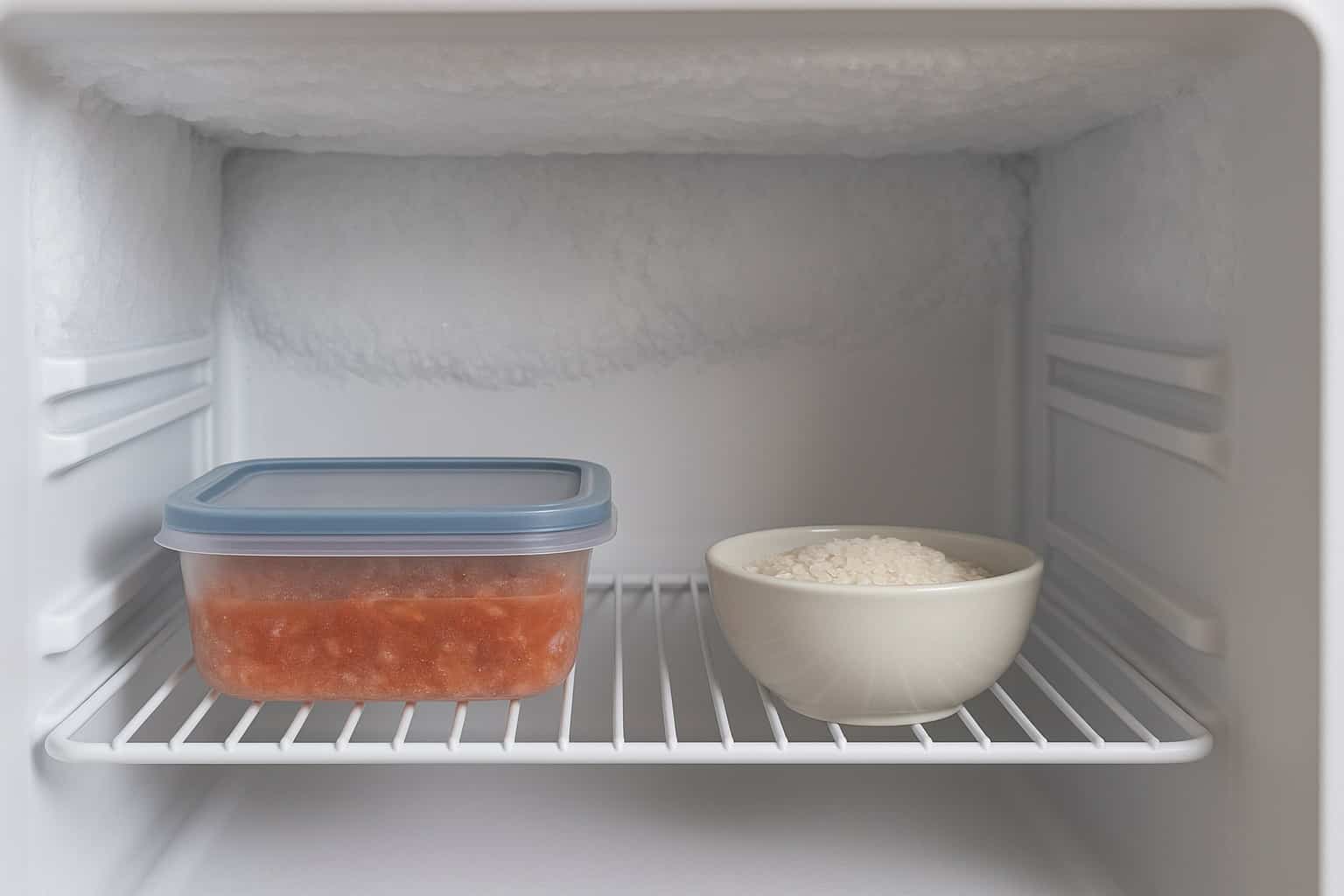 Ciotola di riso e contenitore chiuso in un freezer con brina sulle pareti, per prevenire la formazione di ghiaccio