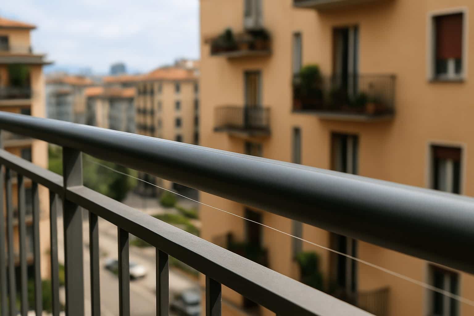 filo trasparente in nylon teso sulla ringhiera del balcone per allontanare i piccioni