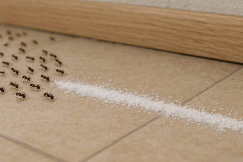 Formiche bloccate da una linea di sale sul pavimento come rimedio naturale contro le infestazioni estive