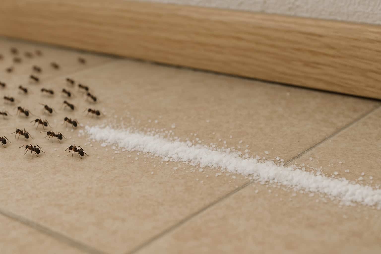Formiche bloccate da una linea di sale sul pavimento come rimedio naturale contro le infestazioni estive
