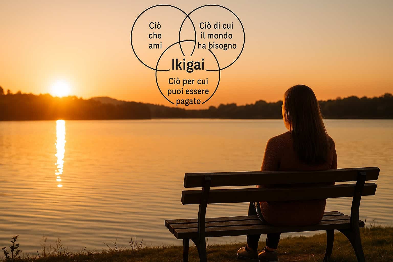 donna riflette sull’ikigai davanti a un lago al tramonto con schema giapponese