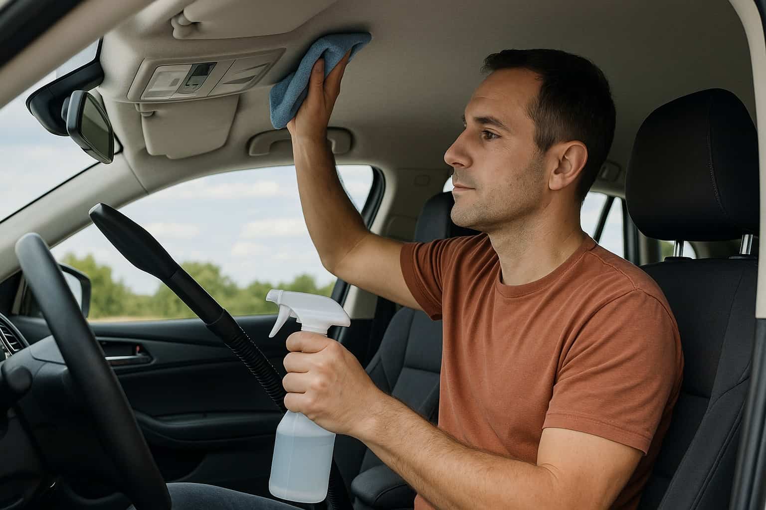 Uomo pulisce il cielo dell’auto con panno e spray, metodo fai da te semplice e sicuro