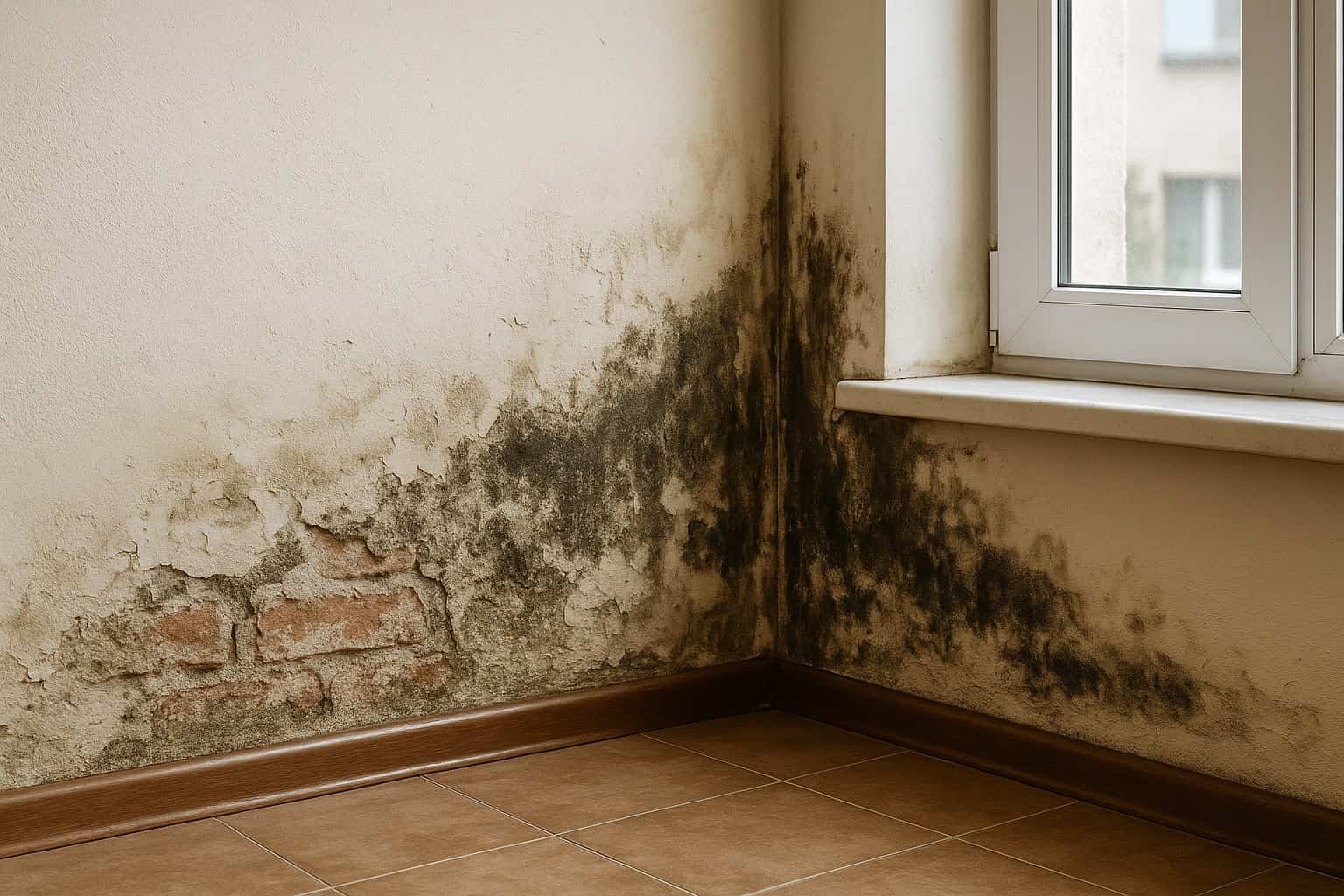Macchia di umidità su muro al piano terra con intonaco rovinato e muffa, vicino a finestra, causa umidità di risalita