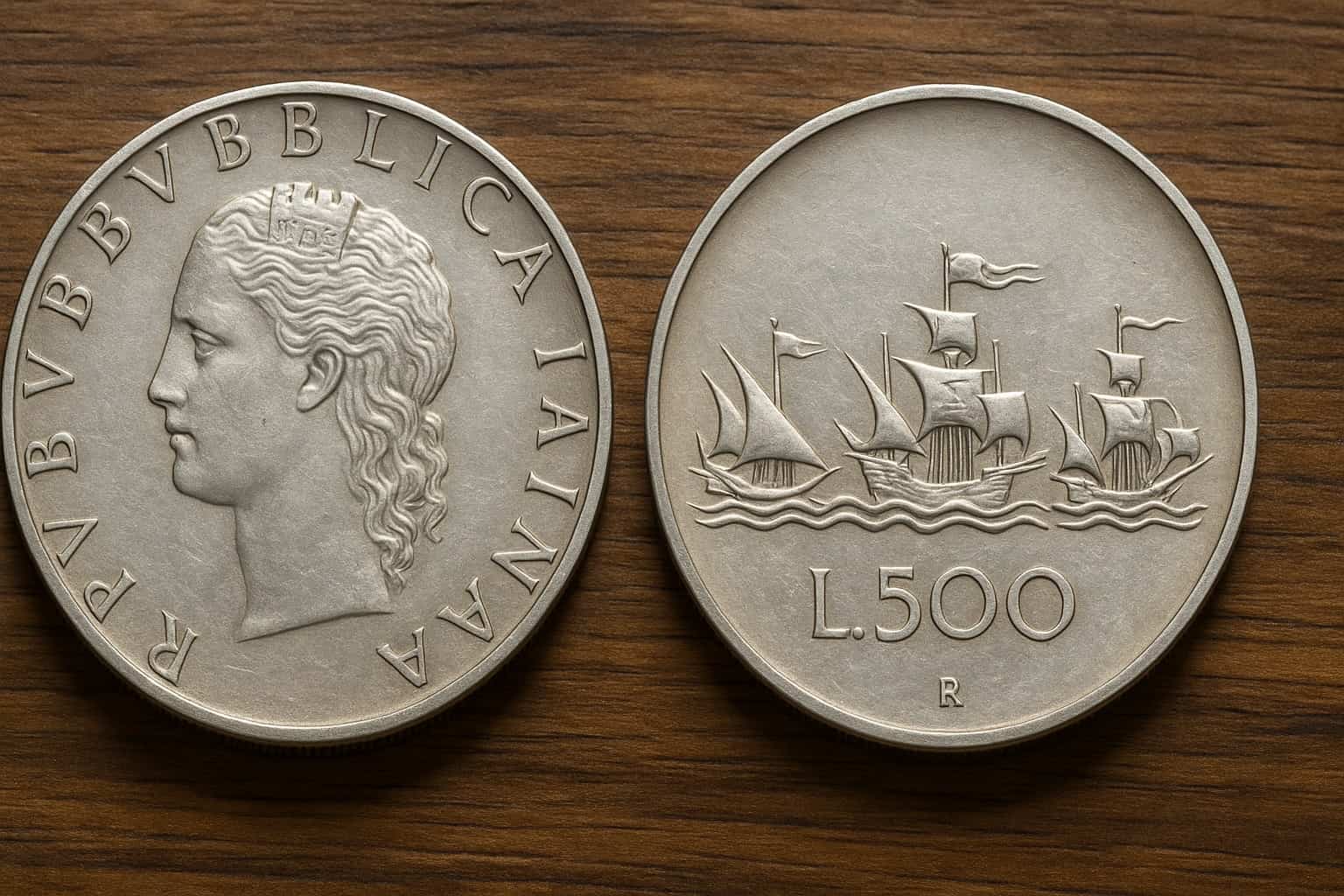 500 lire d’argento con le caravelle su fondo in legno, fronte e retro della moneta in primo piano, Repubblica Italiana