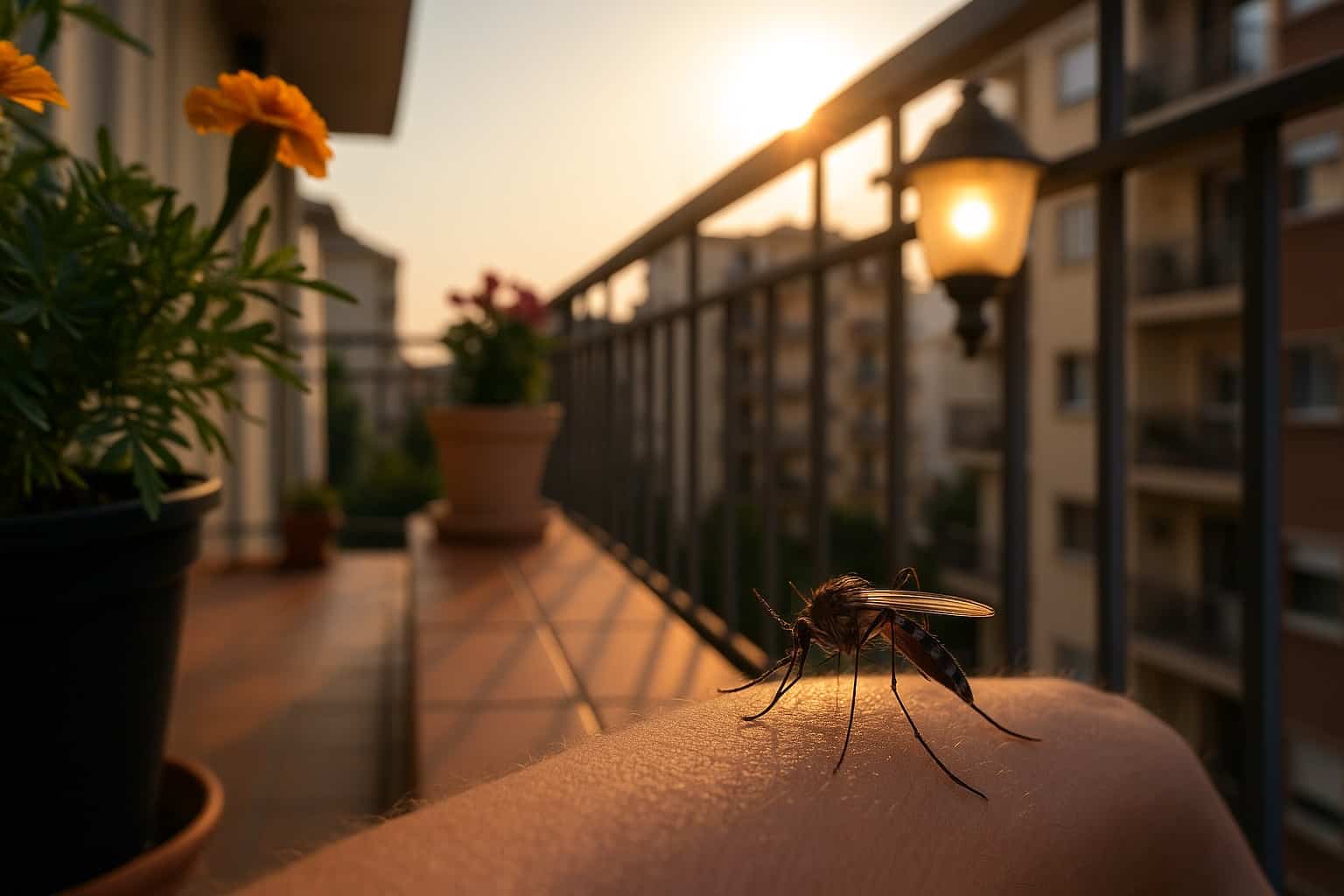 Zanzara su un braccio mentre punge sul balcone di casa al tramonto