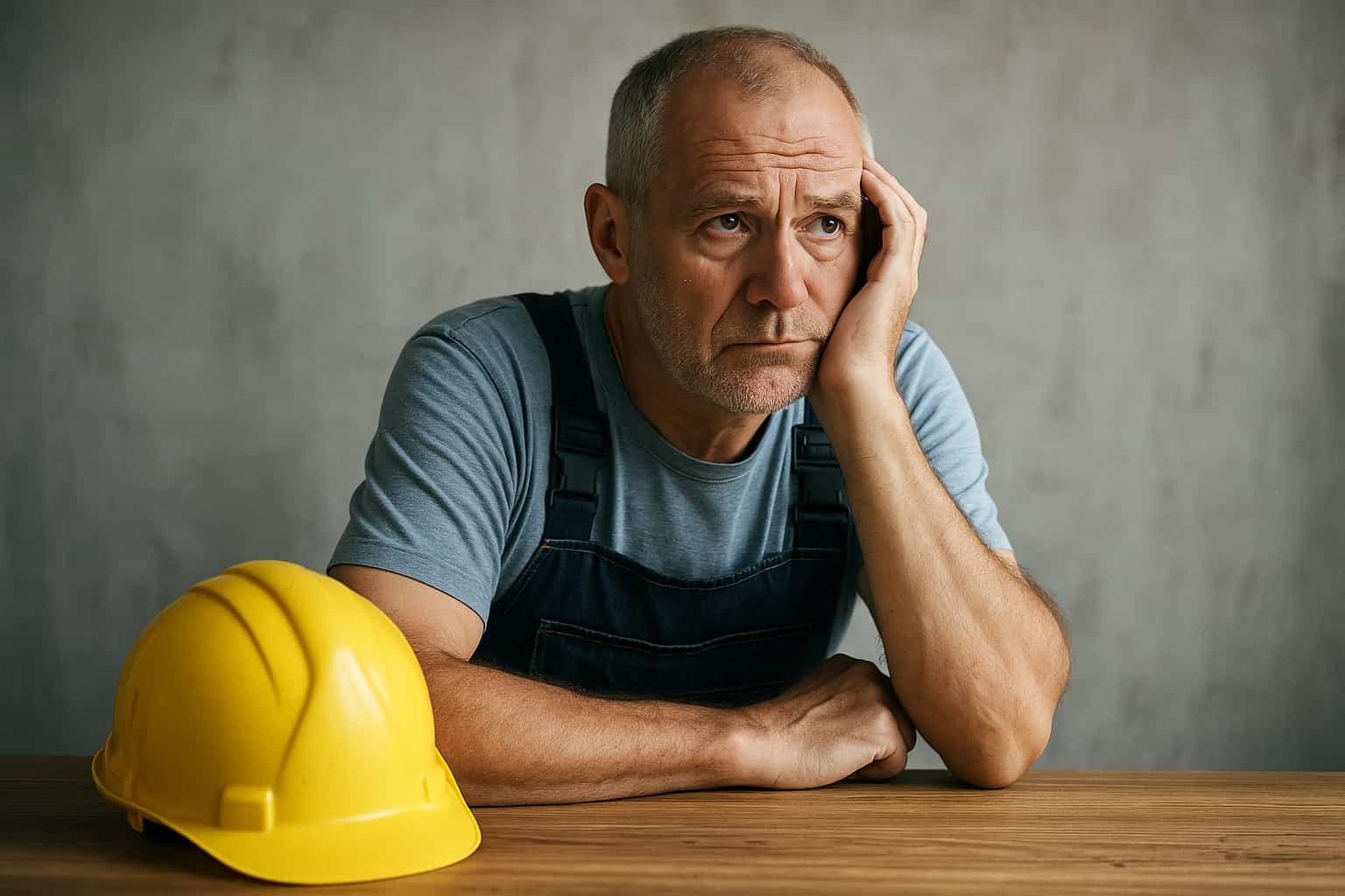 Operaio di mezza età in tuta da lavoro seduto a un tavolo, con espressione stanca e casco giallo appoggiato accanto