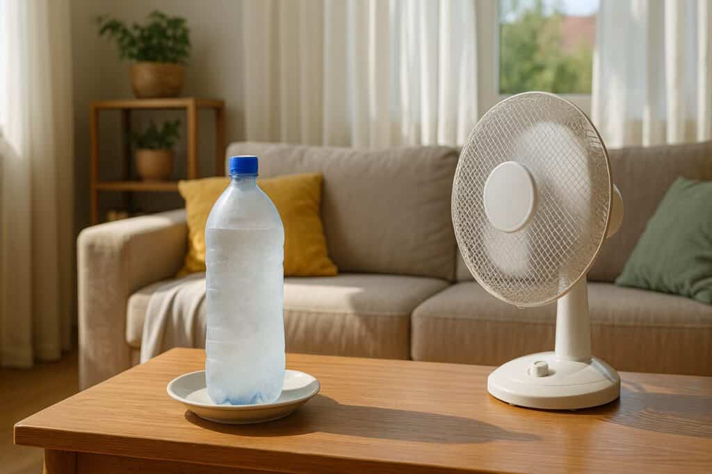 Bottiglia congelata su tavolo accanto a ventilatore in salotto illuminato dal sole, per raffrescare l’ambiente senza condizionatore