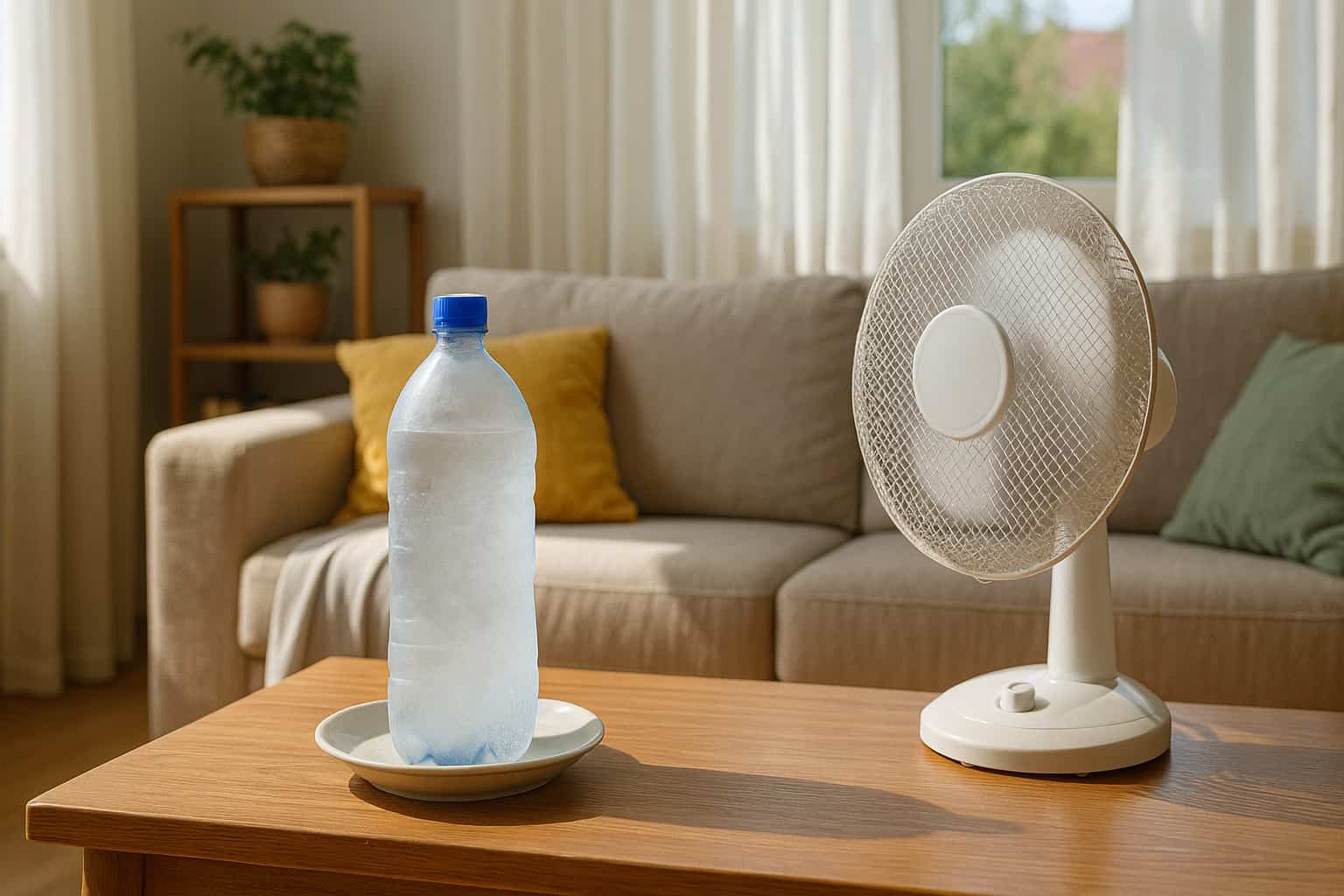 Bottiglia congelata su tavolo accanto a ventilatore in salotto illuminato dal sole, per raffrescare l’ambiente senza condizionatore