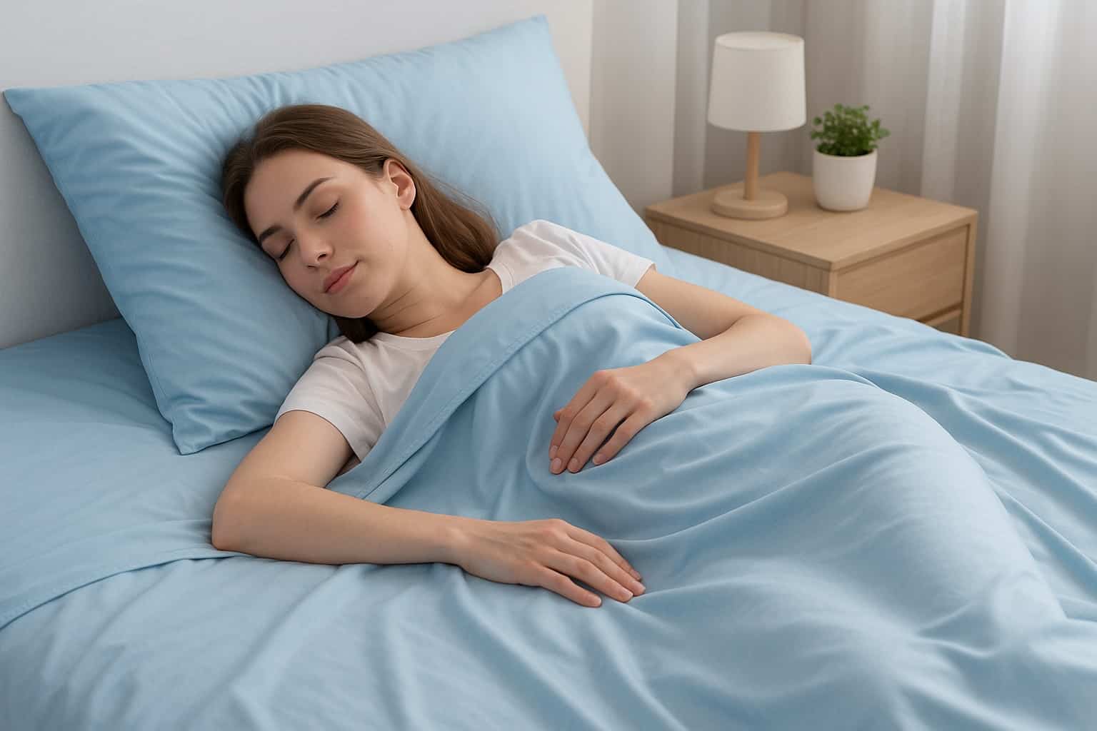 Donna riposa serenamente sotto una coperta rinfrescante azzurra con fibre giapponesi Arc-Chill 3.0 in una stanza luminosa e ordinata