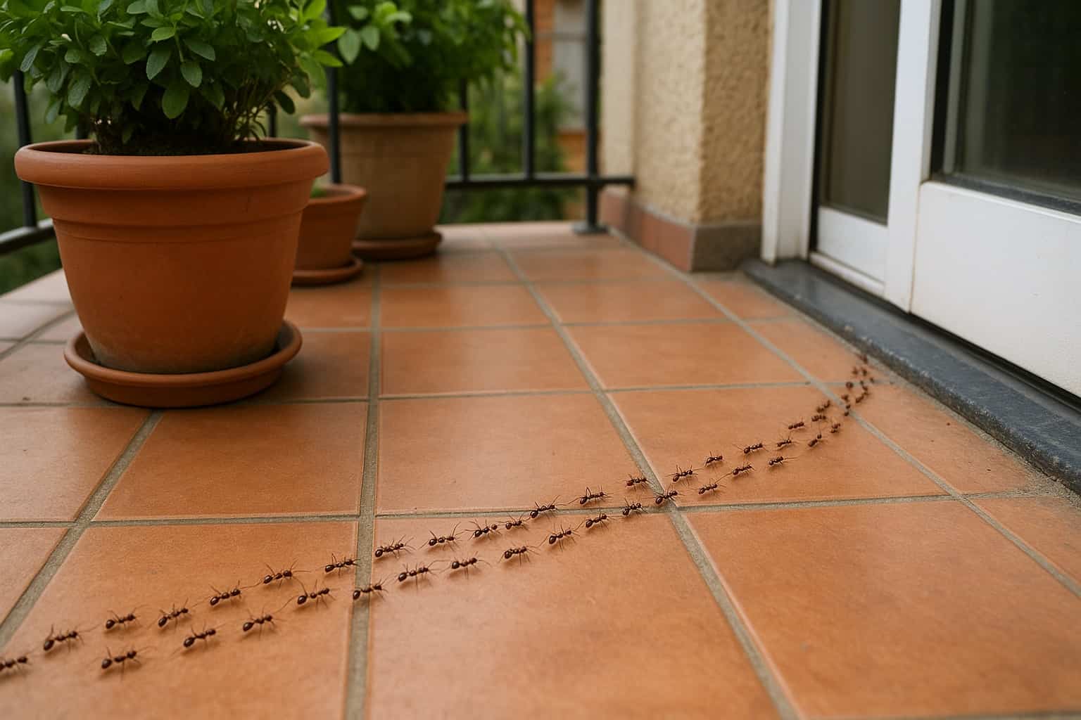 Formiche in fila su piastrelle di un balcone vicino a vasi di piante