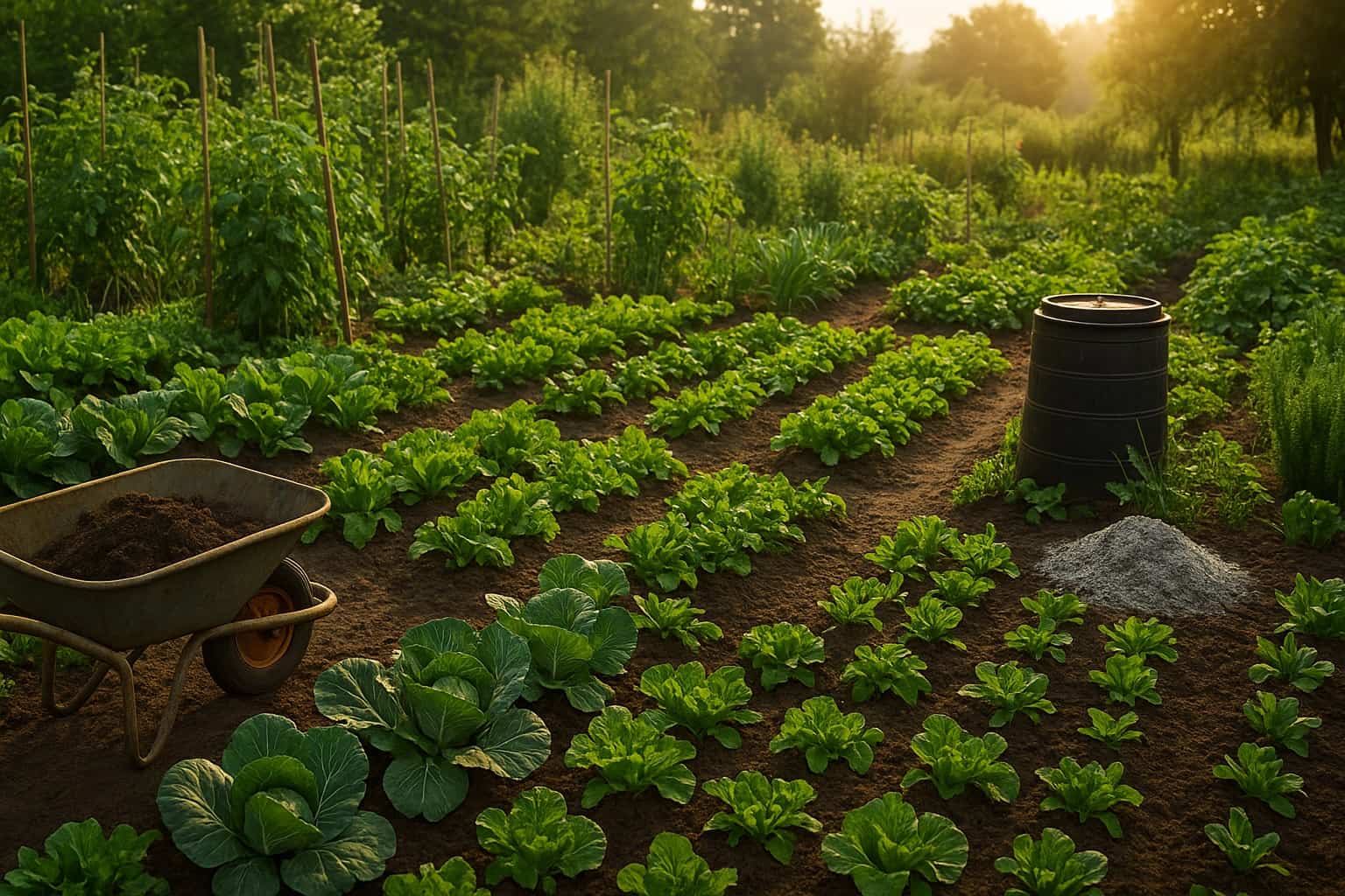 Orto rigoglioso al tramonto coltivato con metodi naturali