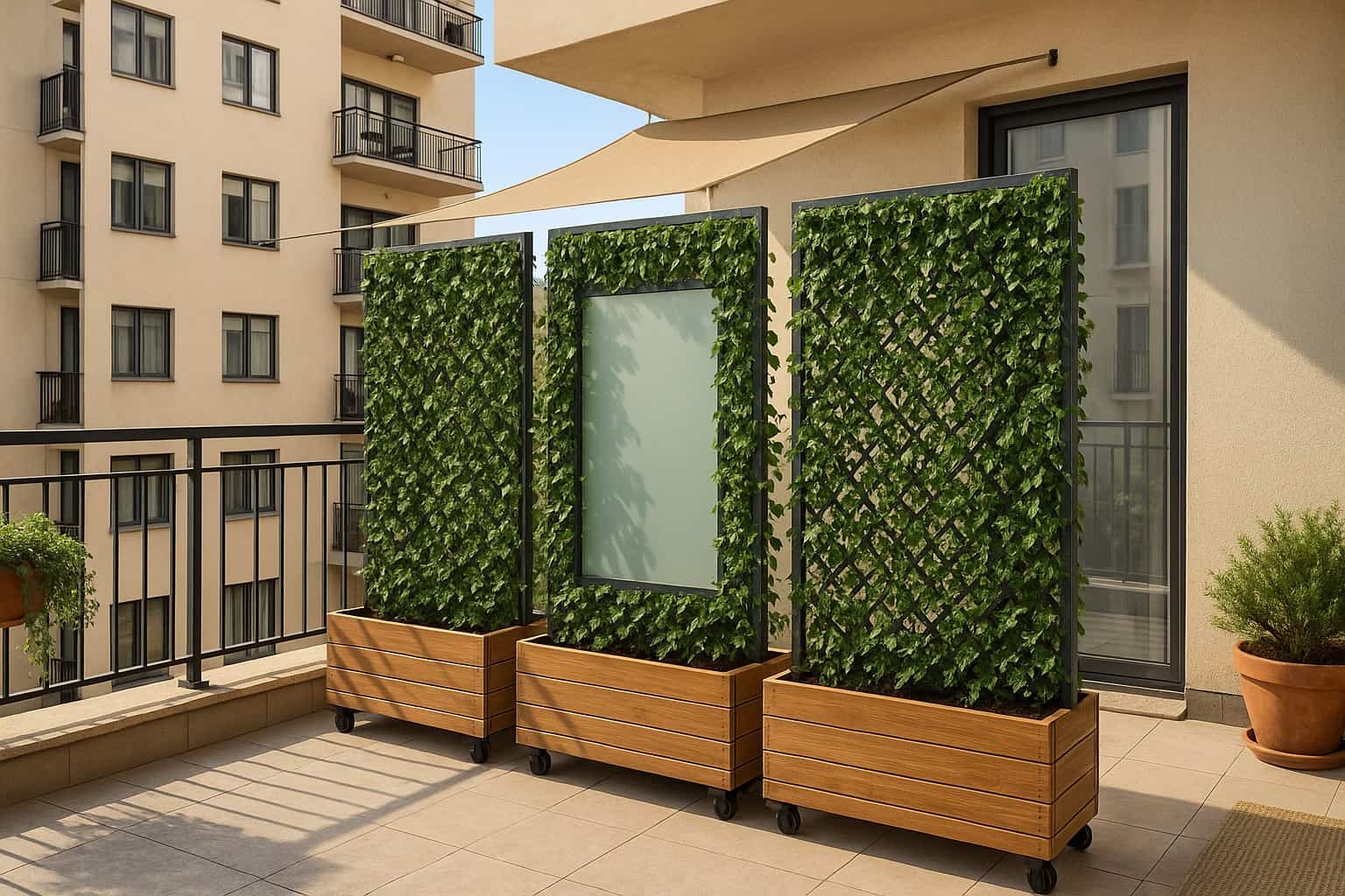 Sistema modulare mobile con pannelli verdi su balcone condominiale per ottenere privacy
