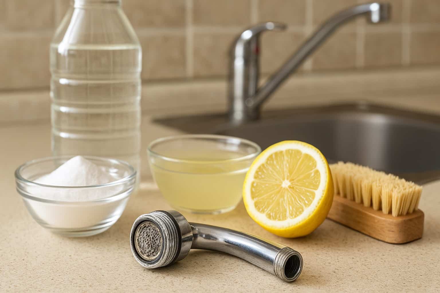 filtro rubinetto smontato con bicarbonato, aceto e limone