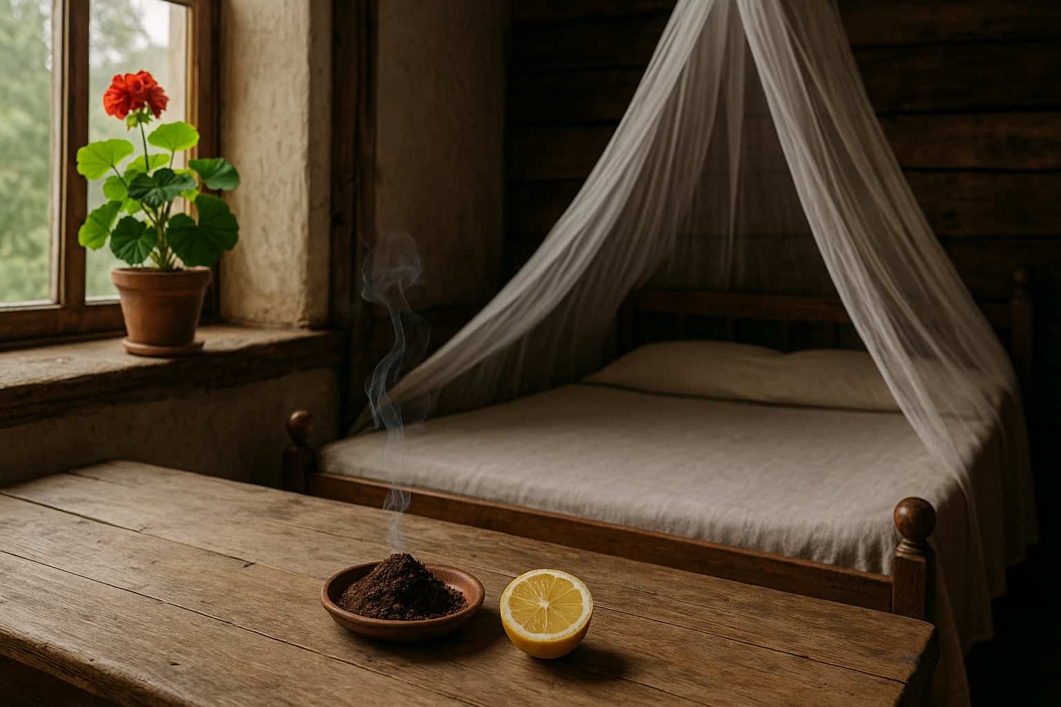 Stanza rustica con letto a zanzariera, pianta di geranio, fondi di caffè fumanti e limone su tavolo in legno, rimedi naturali contro le zanzare.