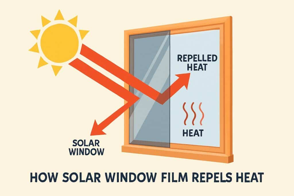 Schema illustrato che mostra come la pellicola solare per vetri respinge il calore verso l’esterno, con frecce che indicano i raggi solari riflessi dal vetro trattato