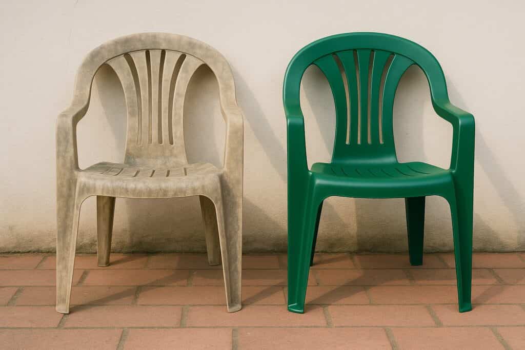 Sedia in plastica rovinata accanto a una sedia identica restaurata su pavimento in mattoni