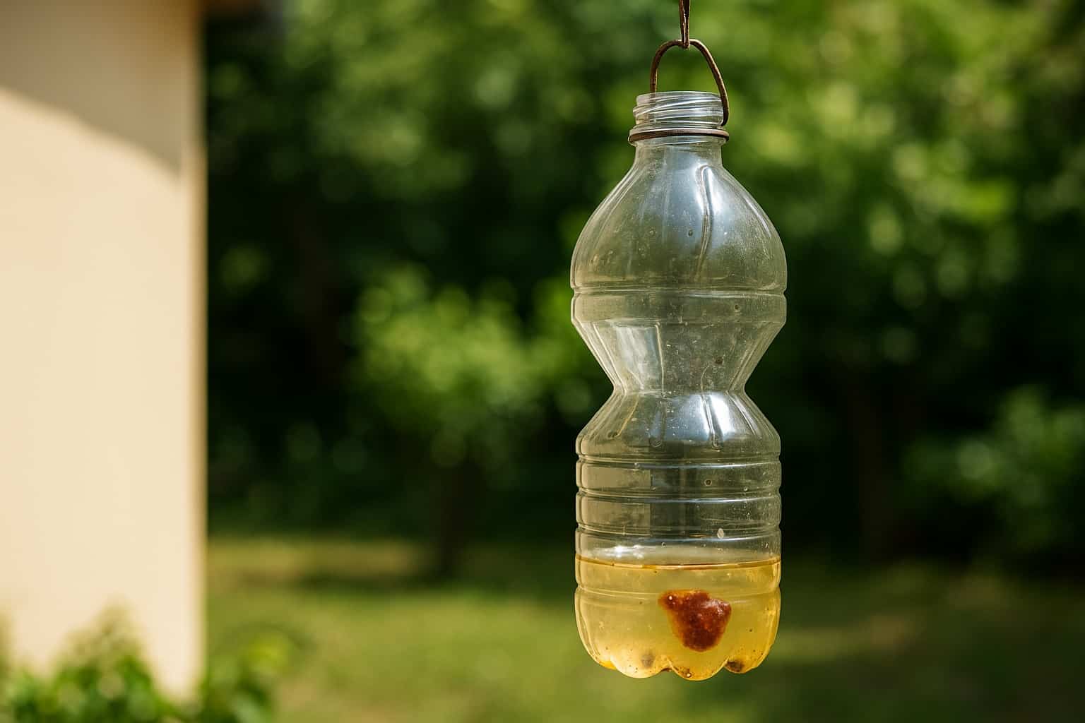 Trappola per calabroni fai-da-te appesa all'aperto con liquido attrattivo dentro una bottiglia di plastica, sfondo di giardino sfocato