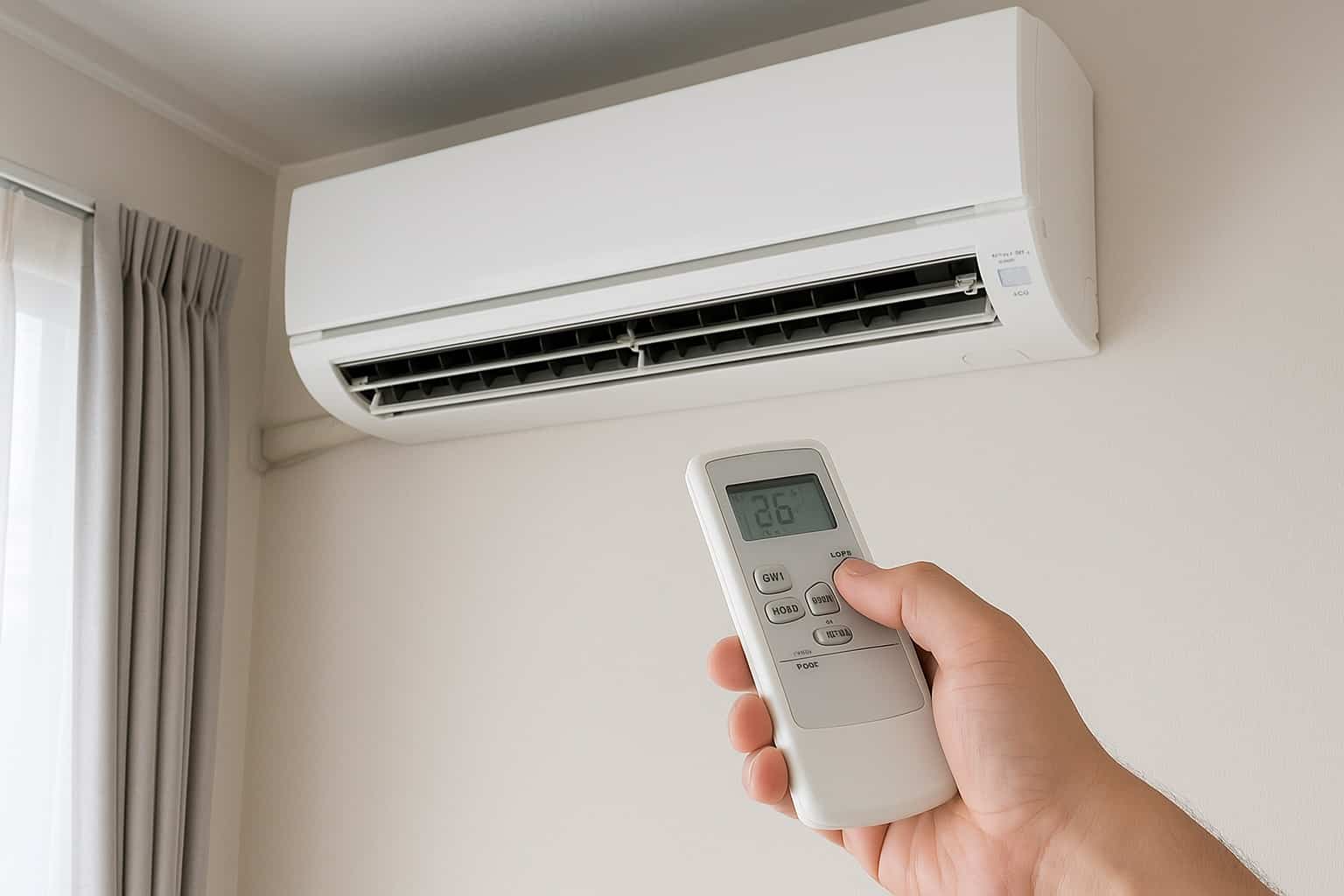 Mano che imposta un condizionatore in modalità deumidificatore con telecomando, per risparmiare energia durante l’estate