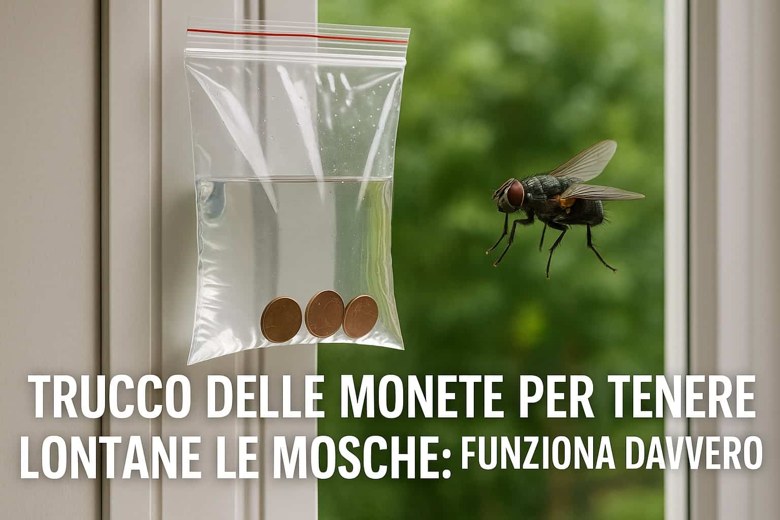 Un sacchetto trasparente pieno d'acqua con tre monete all’interno appeso vicino a una finestra, con una mosca in volo in primo piano, che illustra il trucco naturale per allontanare le mosche