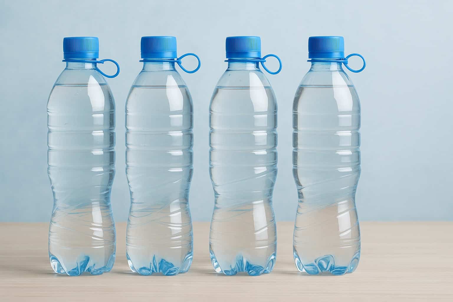 Quattro bottiglie di plastica trasparente con tappo blu attaccato, allineate su un tavolo di legno chiaro con sfondo azzurro tenue