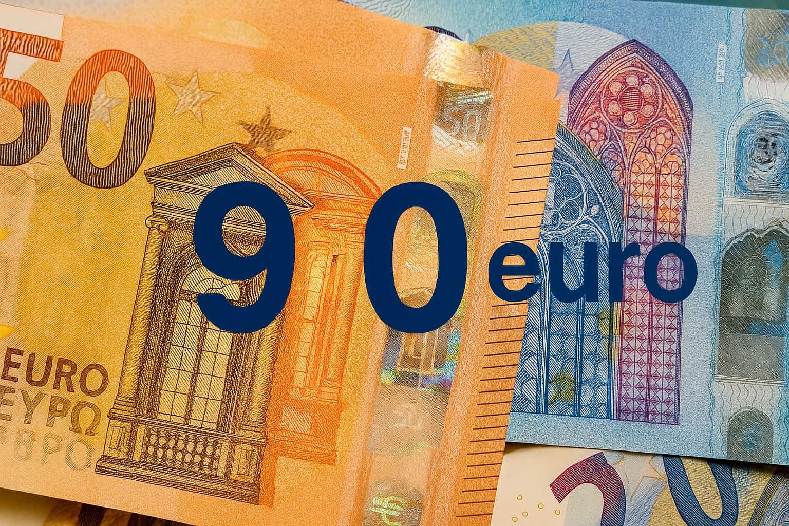 Banconote in euro in primo piano con la scritta 90 euro a simboleggiare il costo del canone Rai 2025
