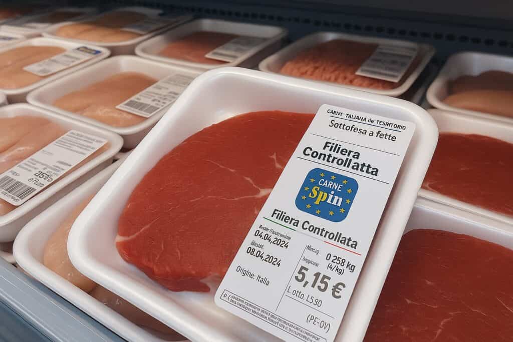 confezioni di carne Eurospin con etichetta filiera controllata esposte in frigorifero
