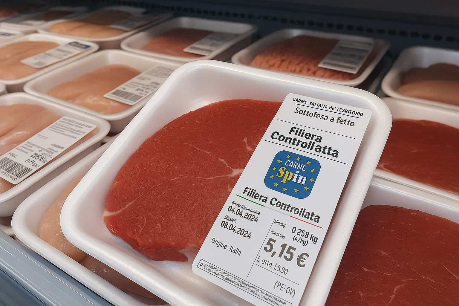 confezioni di carne Eurospin con etichetta filiera controllata esposte in frigorifero