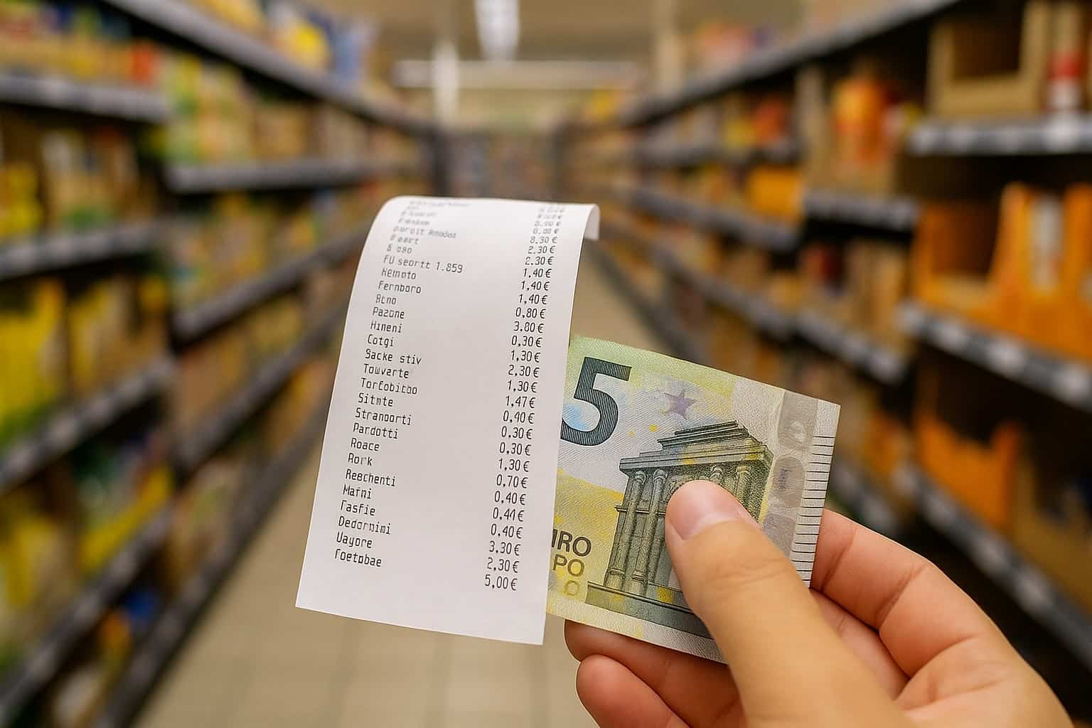 Mano che tiene uno scontrino del supermercato e una banconota da 5 euro con scaffali sfocati sullo sfondo