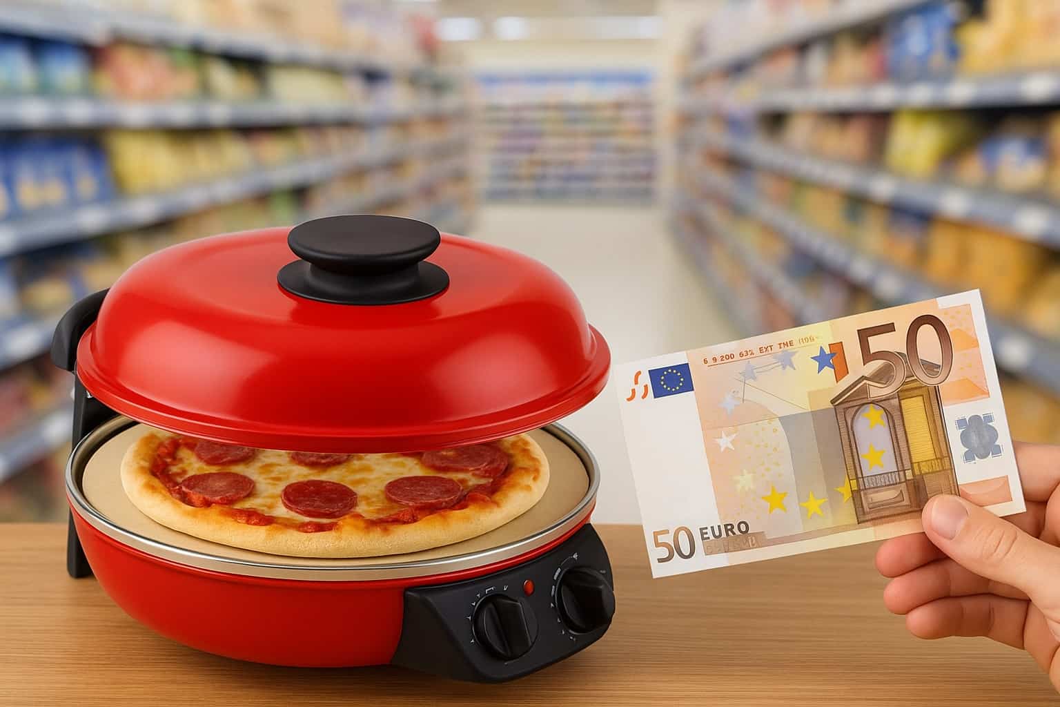 Forno pizza Ariete rosso con pizza appena cotta e banconota da 50 euro in primo piano su sfondo supermercato.