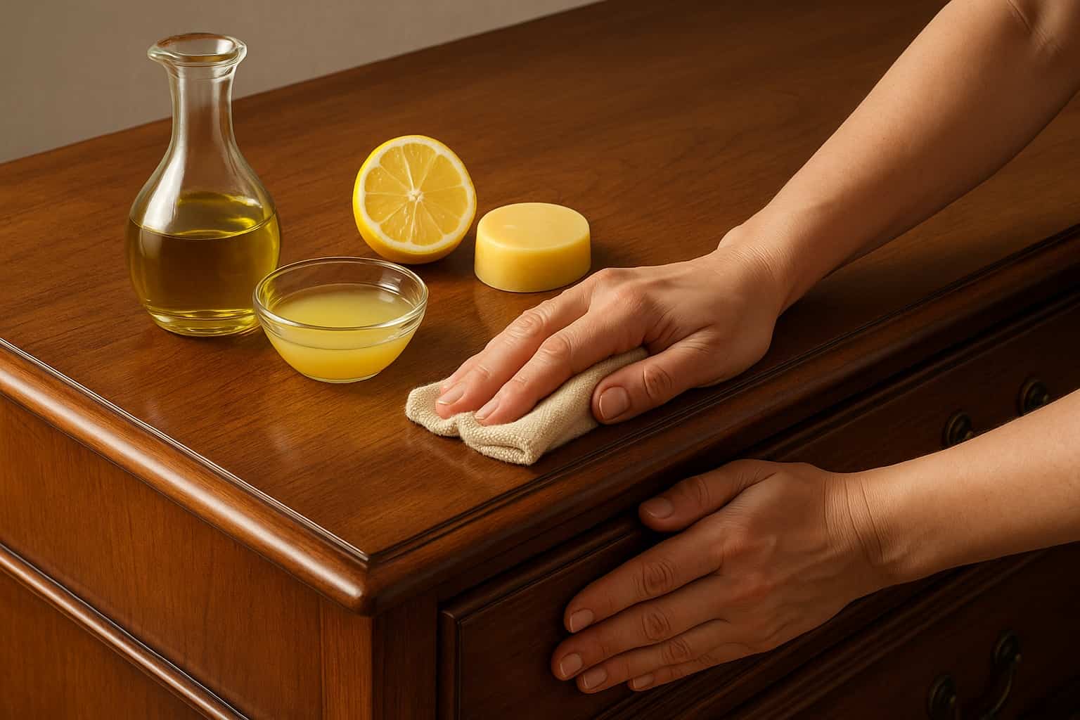 Mani che lucidano un mobile in legno con olio d’oliva, limone e cera d’api, rimedio naturale della nonna