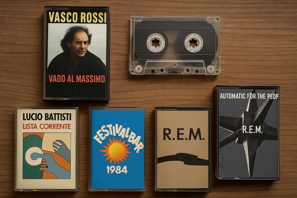 Collezione di musicassette italiane vintage rare degli anni ’80 e ’90 disposte su un tavolo in legno, con copertine originali di Vasco Rossi, Lucio Battisti e Festivalbar