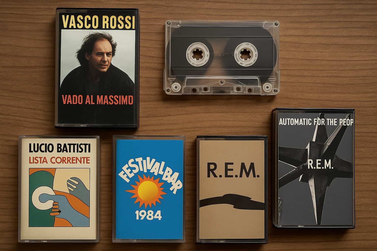 Collezione di musicassette italiane vintage rare degli anni ’80 e ’90 disposte su un tavolo in legno, con copertine originali di Vasco Rossi, Lucio Battisti e Festivalbar