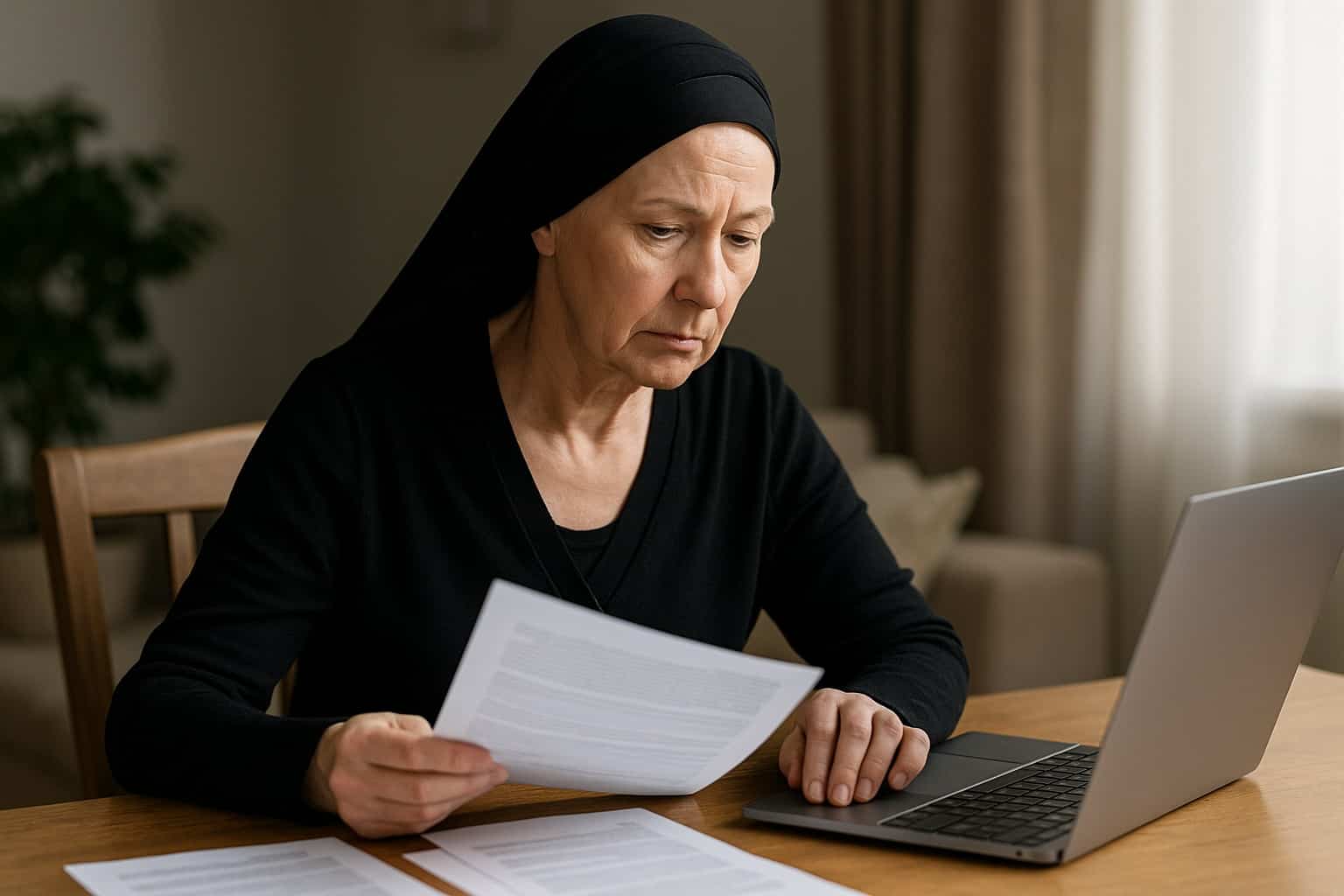 Donna anziana in abito nero e velo seduta a un tavolo mentre controlla documenti e laptop, simbolo di vedovanza e richiesta di sostegno economico