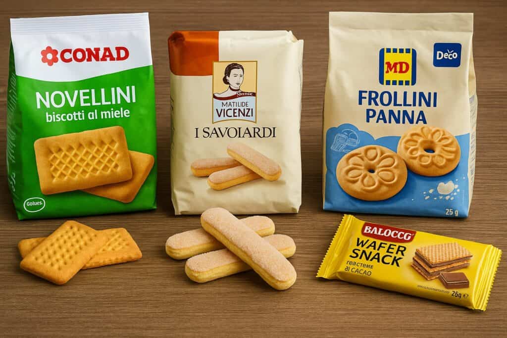 Confezioni di biscotti a marchio Conad, Eurospin e MD Discount disposte su un tavolo in legno con alcuni biscotti sfusi in primo piano
